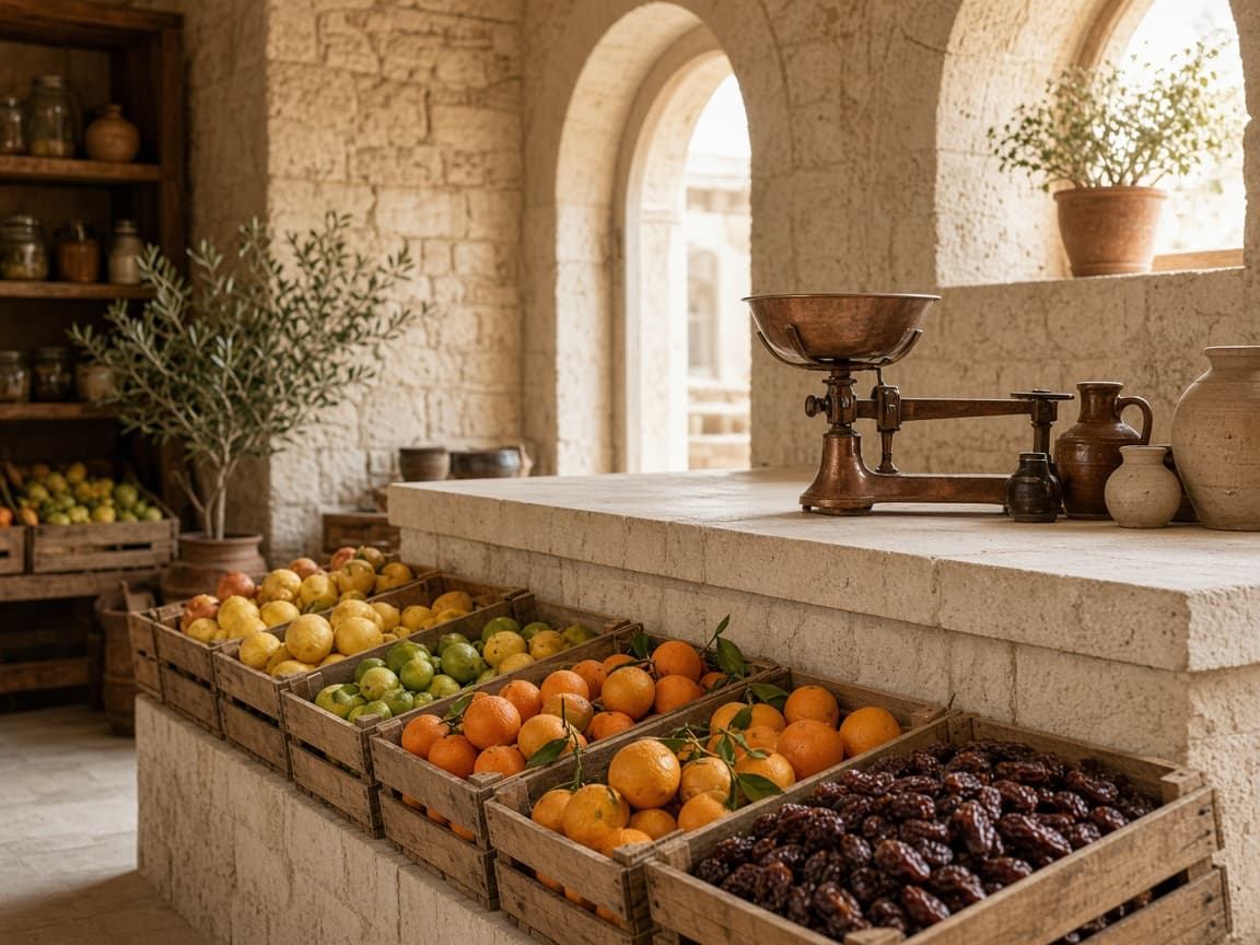 Neighbourhood grocer with citrus, dates, and a copper scale