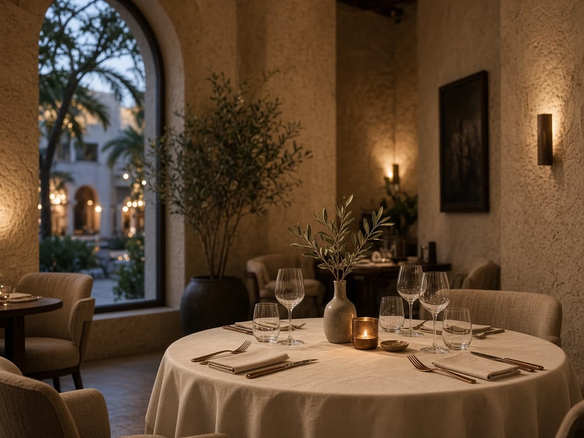Set restaurant table looking onto a palm courtyard at dusk