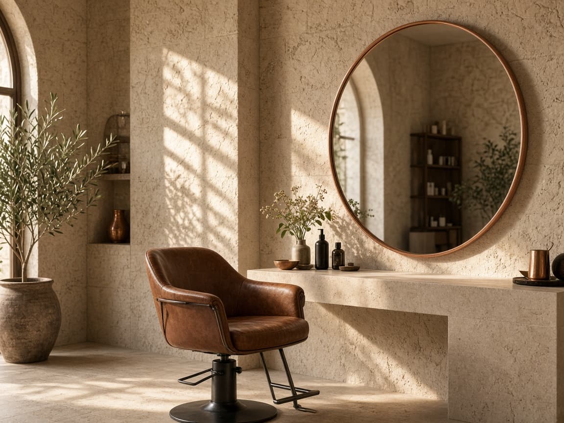 Salon chair at a limestone vanity with a round copper mirror