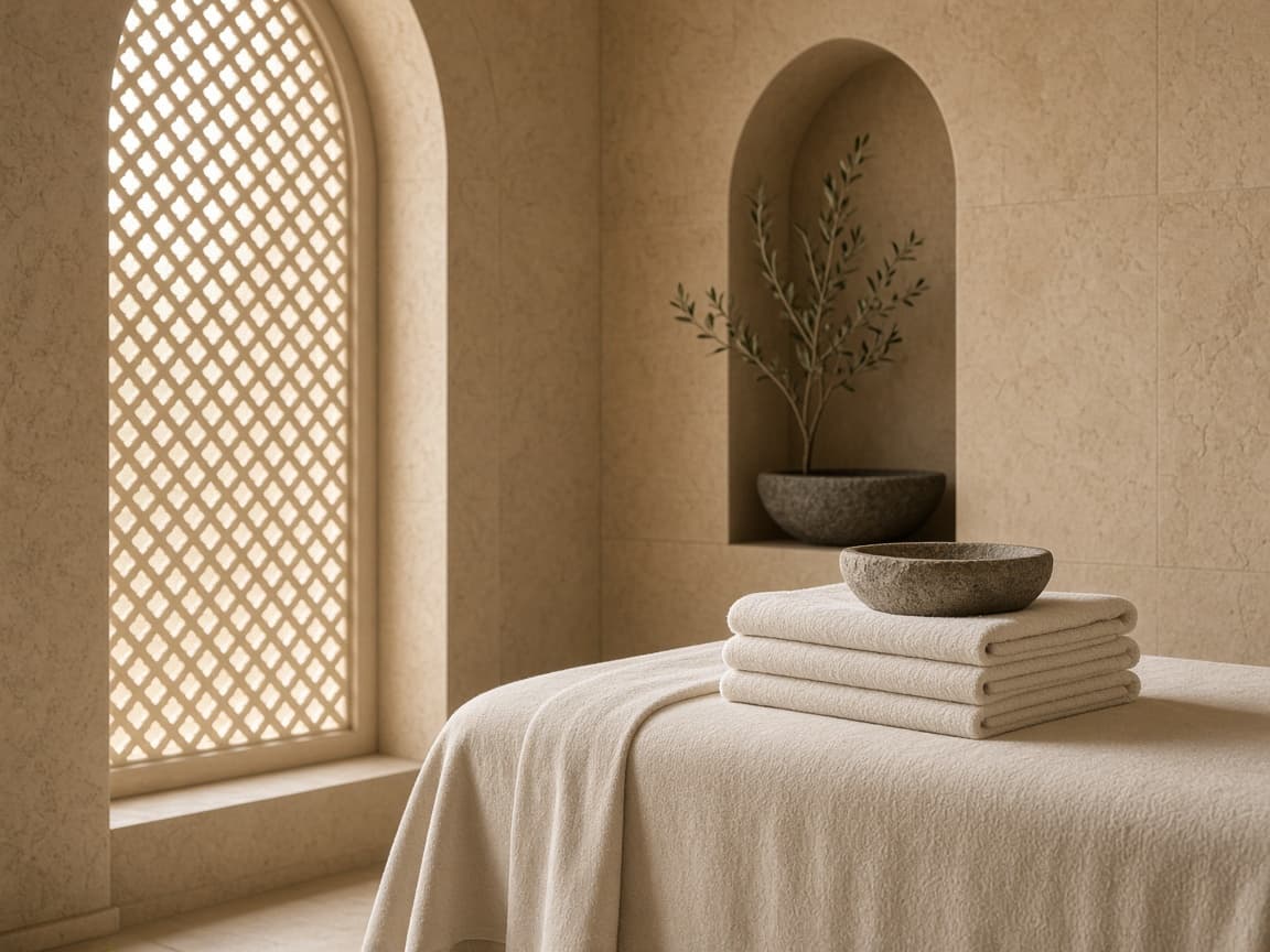Treatment bed with folded towels beside a lattice window