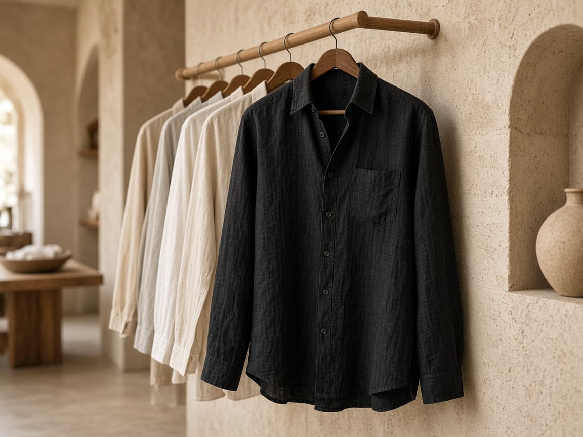 Linen shirts on a wooden rail in a limestone boutique