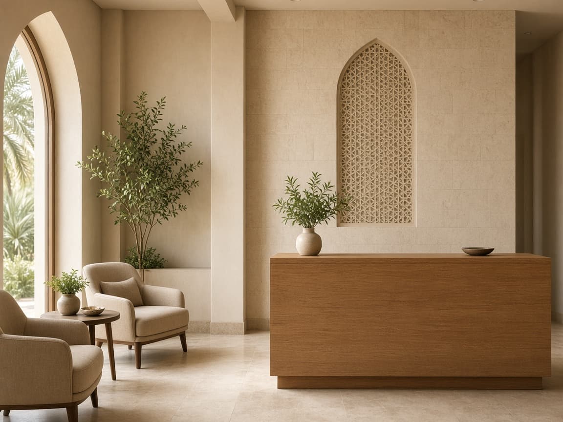 Quiet clinic reception with a wooden desk and mashrabiya screen