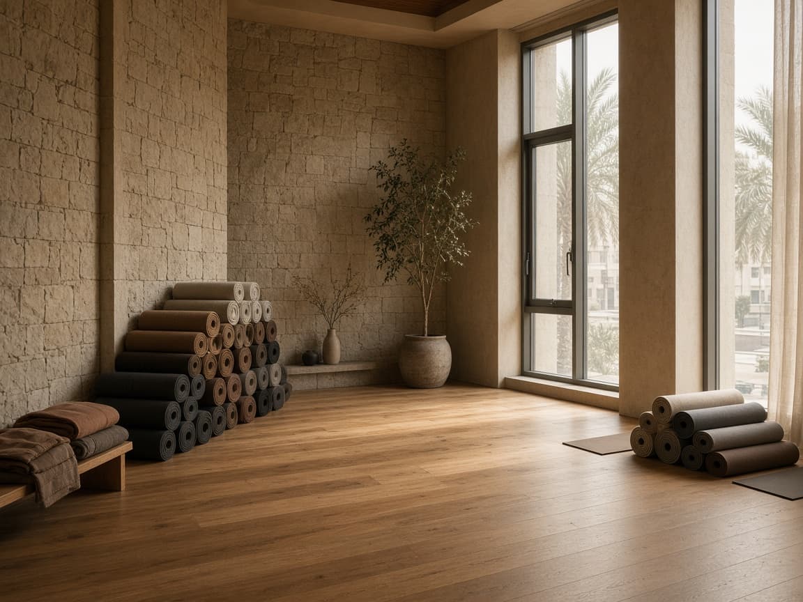 Studio with stacked yoga mats, stone walls, and palms outside